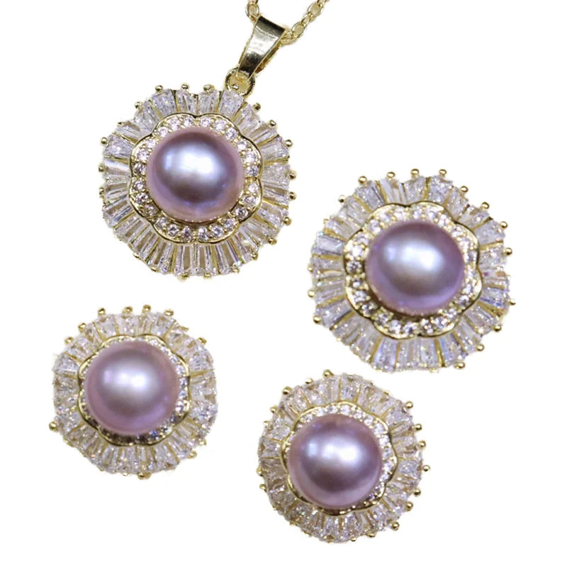 Bridal Zircon Sunflower Freshwater Big Pearl Jewelry Sets for Women Wedding White Zircon Earrings Rings Necklace