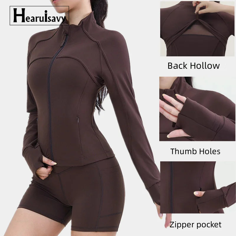 Winter Active Jackets Sportswear Zip-Up Tops Coat Thumb Hole Stand Collar Workout Gym Women Yoga Running Jacket With Pockets