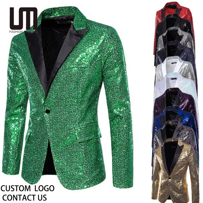 2026 Luxury Men's Single-Breasted Sequin Blazer in Red/Green/White One-Button Stage Jacket for Singer/Host Party Bar Coat