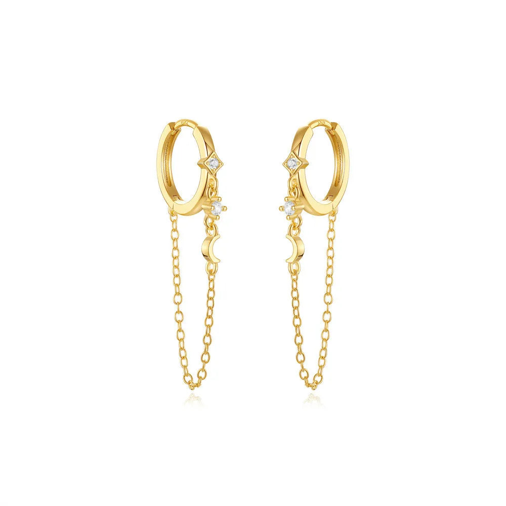 925 Sterling Silver Earrings Jewelry Geometric Moon Star Diamond Long Tassel Chain Gold Plated Hoop Earrings Women