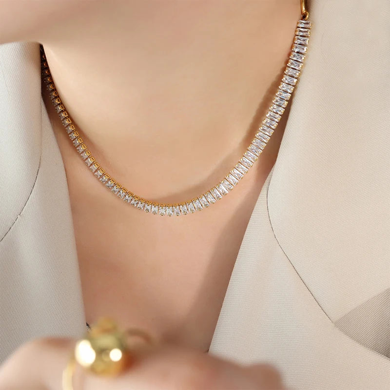 Link Chain Luxury Crystal Pave Stainless Steel Diamond Choker Necklace Set Toggle Gold Necklace Design