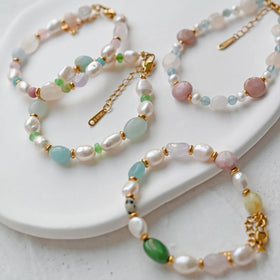 Natural Crystal Chip Stone Bracelet for Girl Freshwater Pearl Amethyst Bracelet Gold Color Link Chain