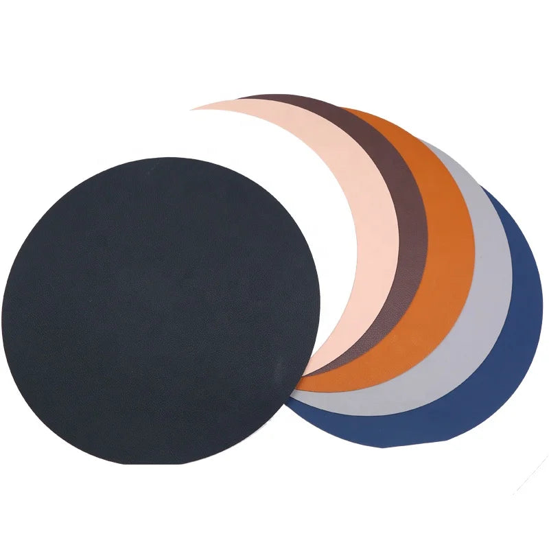 Tabletex Unique Design Round Shaped Faux Leather Placemat and Coaster  for Table Leather Table Mat Cup Coaster Set of 6