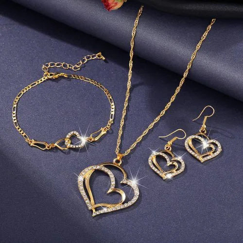 Wedding Gift Fashion Women Zircon Heart Jewelry Accessories Heart Pendant Necklace Earrings Bracelet Jewelry Set