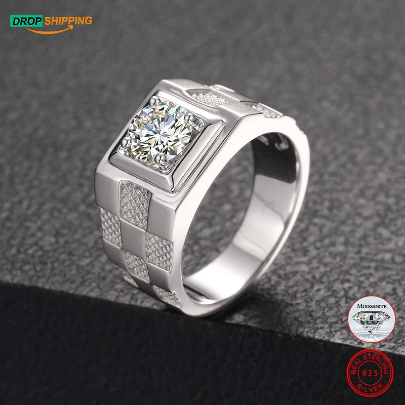 Dropshipping Wedding Jewelry White Gold Plated 925 Sterling Silver 1ct VVS Moissanite Diamond Engagement Band Ring for Men