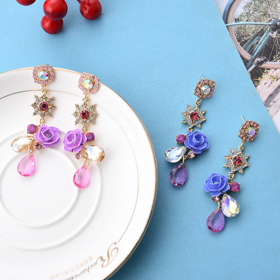 HOVANCI 3 Fashion Waterdrop Crystal Party Jewelry Korean Elegant Resin Purple Blue Rose Flower Dangle Earrings for Women