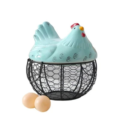 Hen Egg Basket Blue Pink Metal Wire Eco-Friendly Modern Home Decor Chicken Shaped Fruit Kitchen Storage