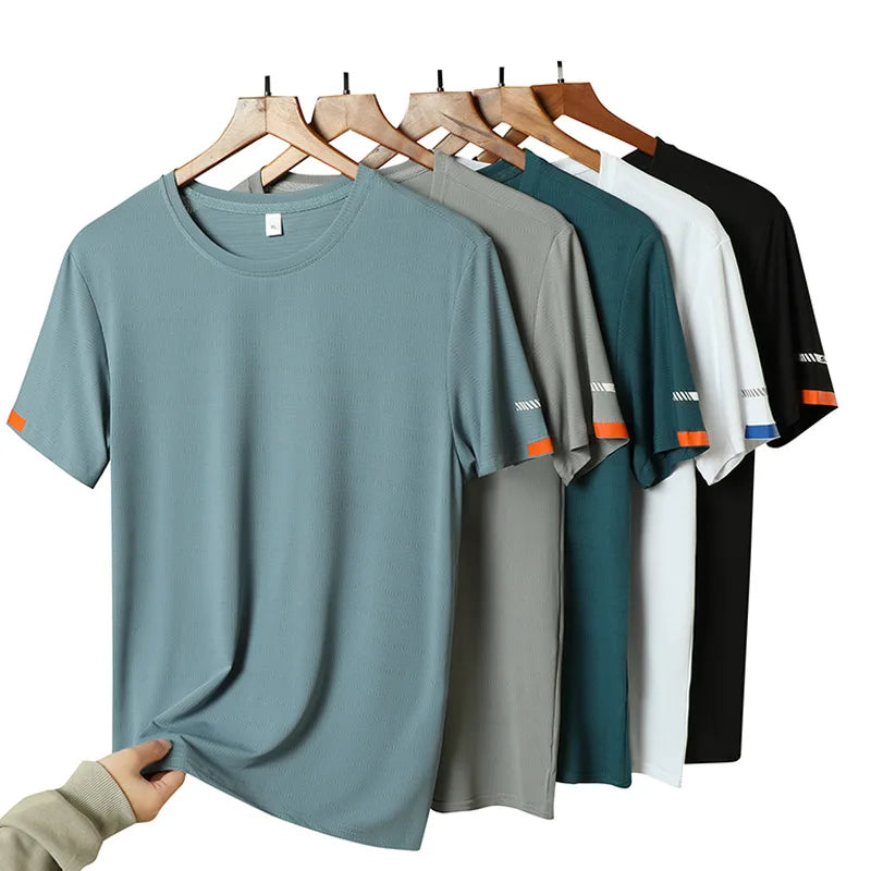 RNSHANGER Men's Summer Ice Silk T-shirt Casual Round Neck Simple Running Fitness Suit Thin Breathable Quick Drying T Shirts