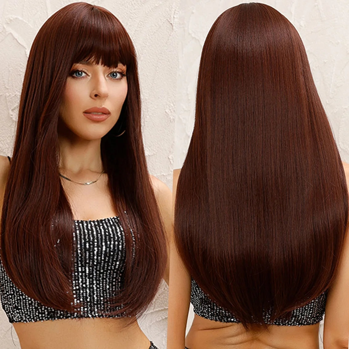 Reddish Brown Synthetic Wig Straight Long With Bangs Smooth Premium Matte Chemical Fiber Wig for Women Hairstyles