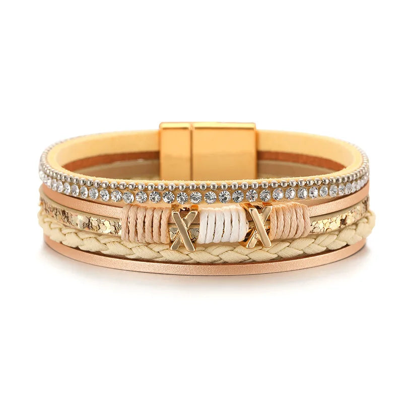 DHJ00313 Wholesale Leather Wrap Bracelet Alloy Magnetic Buckle Handmade Multi Layers Leather Bracelet