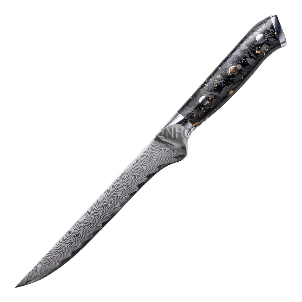 Latest Style VG10 Damascus Steel Knife High-End Kitchen 8PCS Sharp Amber Cutting Knife Chef Knife Set with Resin Handle