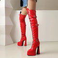 New Style Women's Heeled Shoes European American Thigh High Boots Women Shoes Patent PU Belt Buckle Side Zipper Shoes Women