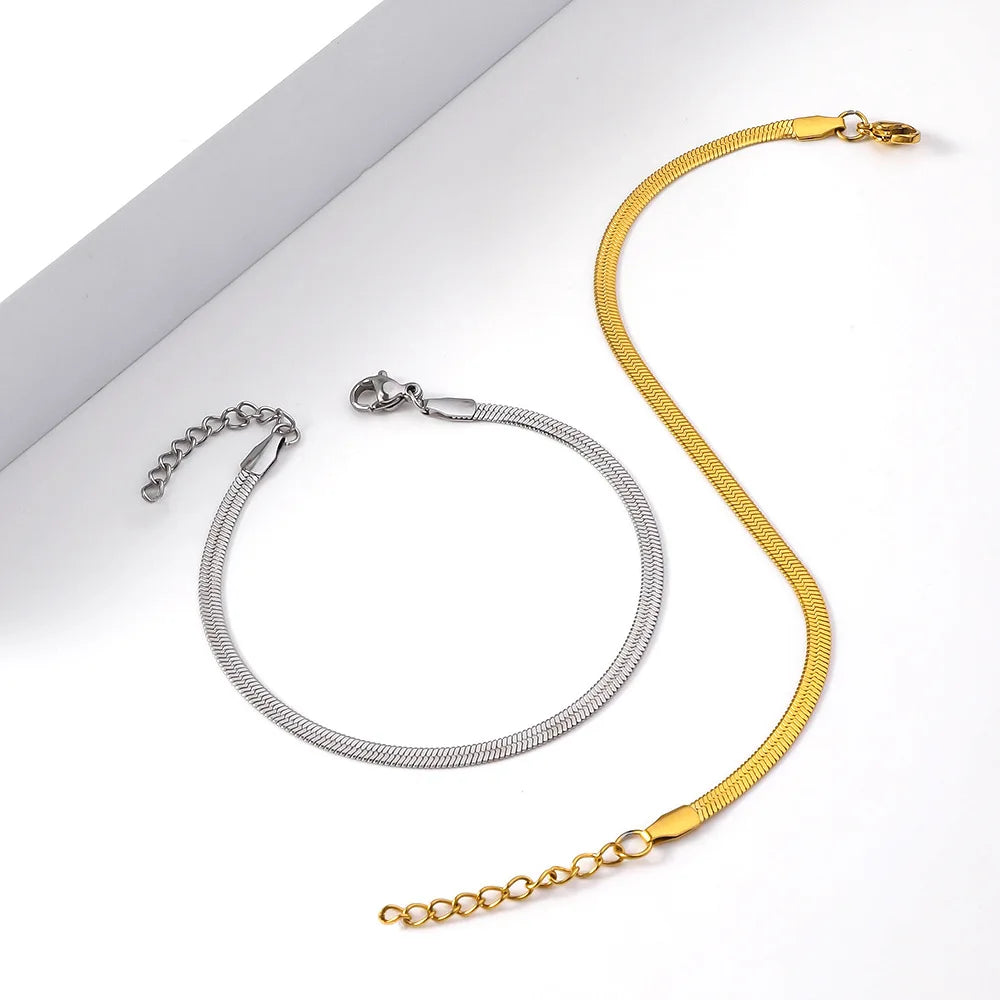 Wholesale Stainless Steel Jewelry 18K Gold Plated Hombre Brazaletes Girl Pulsera Cadena Flat Snake Link Chain Bracelet for Men
