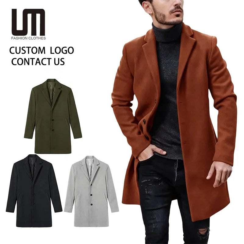 OEM Service Available Men's Casual Slim Fit Long Trench Coats Autumn Winter Woolen Polyester Outwear Trending Jacket