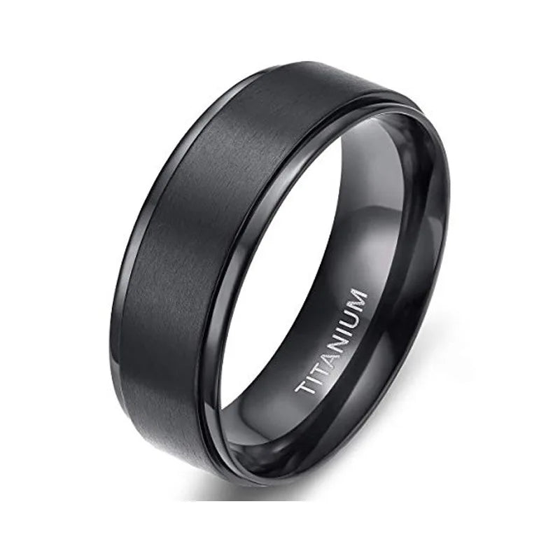 POYA 6mm/8mm Black Silver Titanium Rings Brushed  Beveled Edges Comfort Fit for Men and Women Couple Wedding Rings