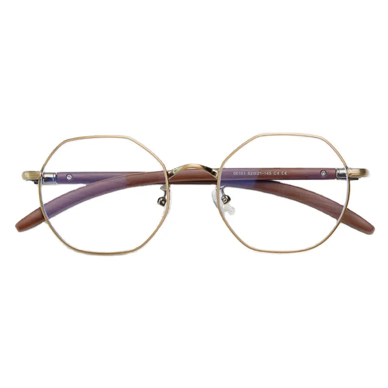 Fashion Retro Wood Grain Polygon Metal Myopic Frames Artistic Men's and Women's Blue Flat Frame