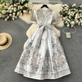 Spring Vintage Print Long Dress Women's V- Neck Short Sleeve Single Breasted Pleated Dress