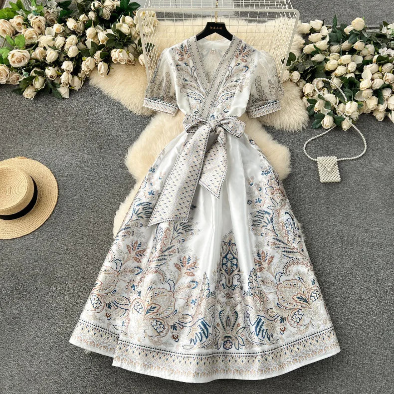 Spring Vintage Print Long Dress Women's V- Neck Short Sleeve Single Breasted Pleated Dress