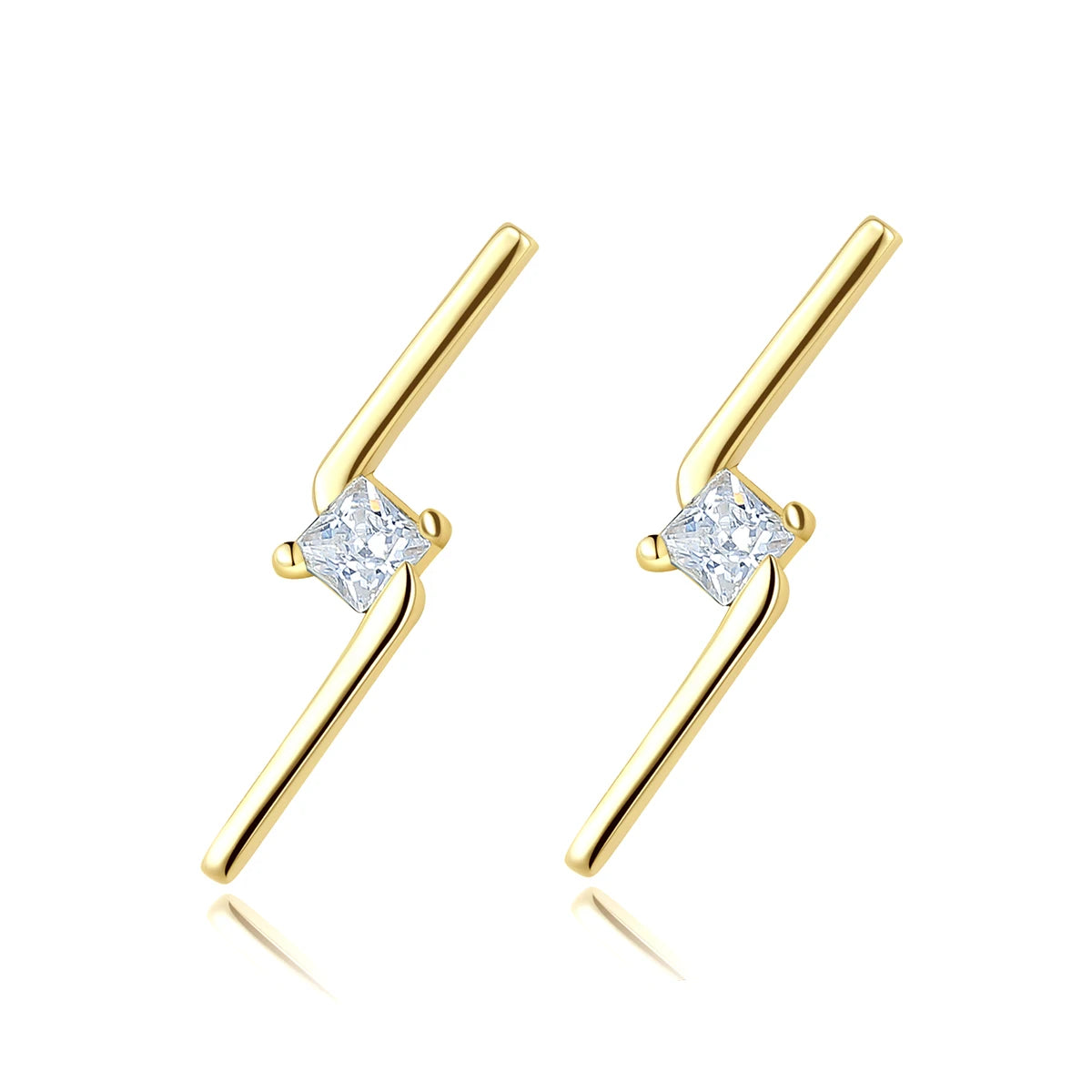 CZCITY 925 Sterling Silver Minimal Jewelry Simple CZ Bolt Stud Earring 14K Gold Plated Single Diamond Bar Earring