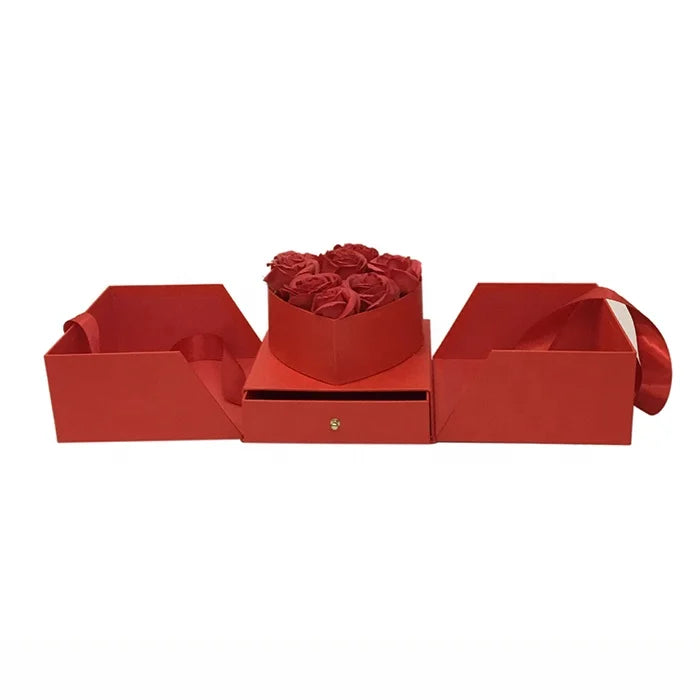 Chengruo Hot Sale Stock Packaging Materials Two Sides Double Open Surprise Flowers Gift Packing Boxes With Drawer Ribbon