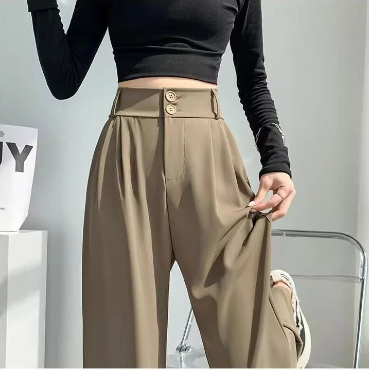 Double Button Women Long Formal Pants High Waist Pockets Pleated Trousers Summer Autumn Lady Fashion Loose Suit Pants