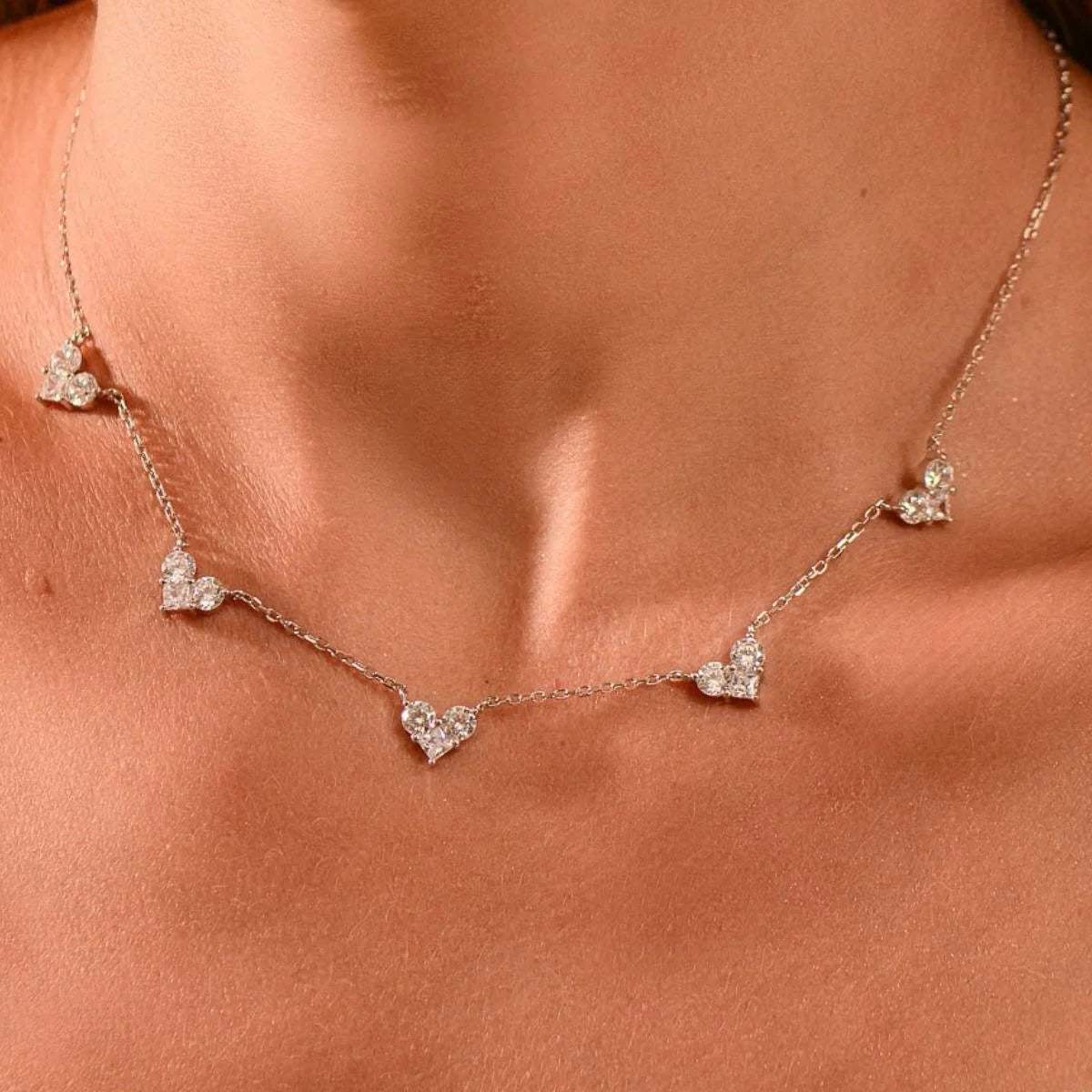 Five CZ Heart Charm Gold Plated 925 Sterling Silver Women Jewelry Necklace