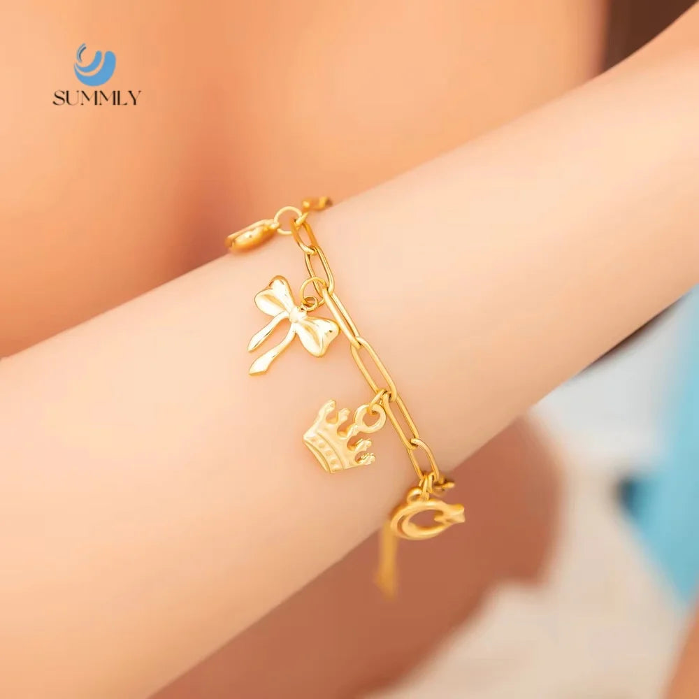 SUMMLY Vintage Wholesale Bow Heart Moon Pendant 18K Gold Plated Stainless Steel Charm Bracelets Fashion Jewelry