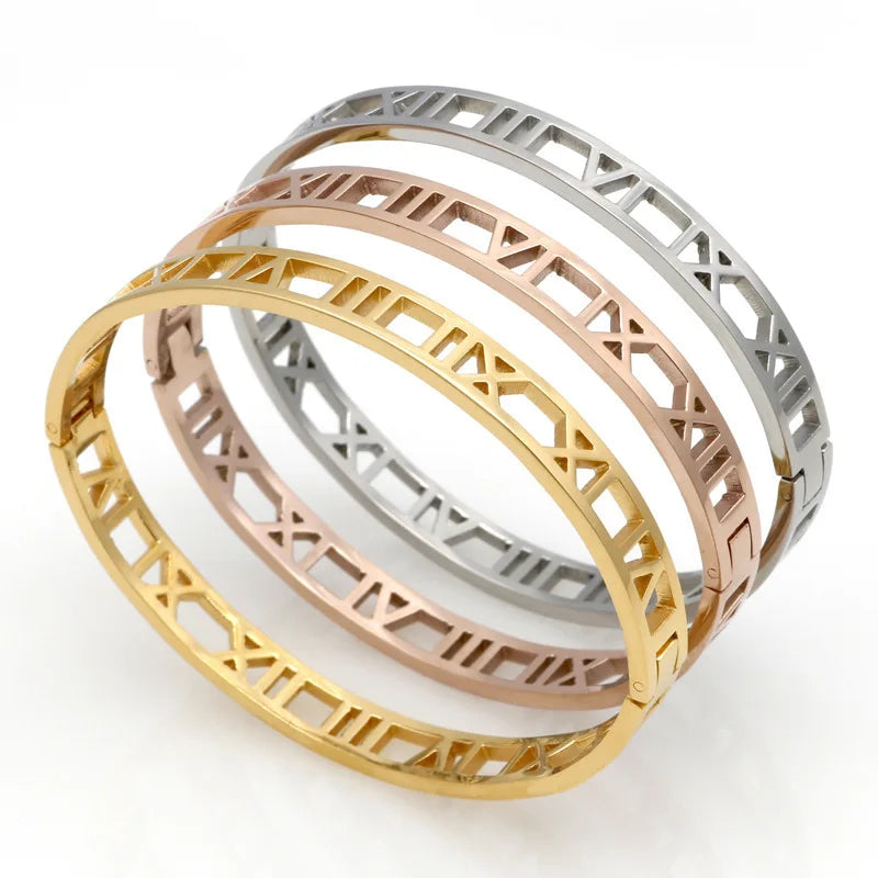 Luxury Non Tarnish 18K Gold Silver Plated 316L Stainless Steel Roman Number Open Cuff Bracelet Bangle Jewelry for Women