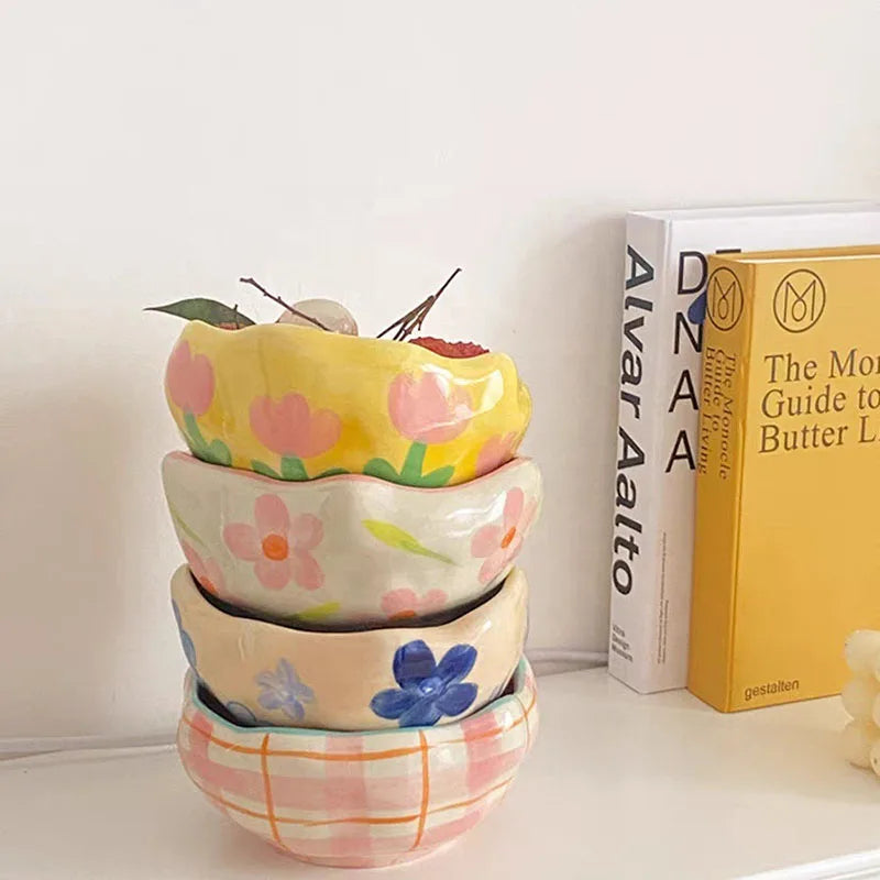 Hand Pinched Flower Bowls Ice Cream Bowl Retro Tableware Irregular Bowl Baking Cereal Salad Dinnerware Microwave Available