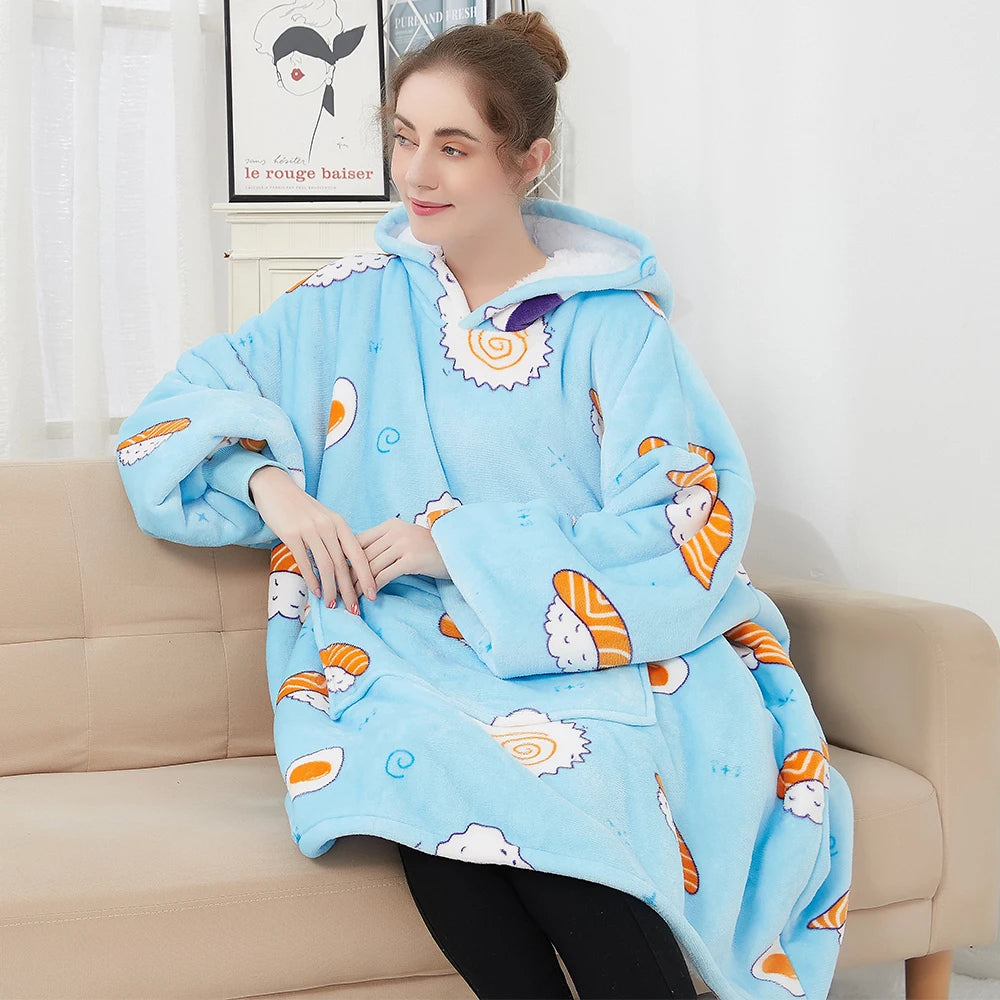 Custom Oversized Printed Adult Wearable Blanket Sherpa Christmas Giant Tv Blanket with Sleeves Plaid Hoodie Blanket Factory