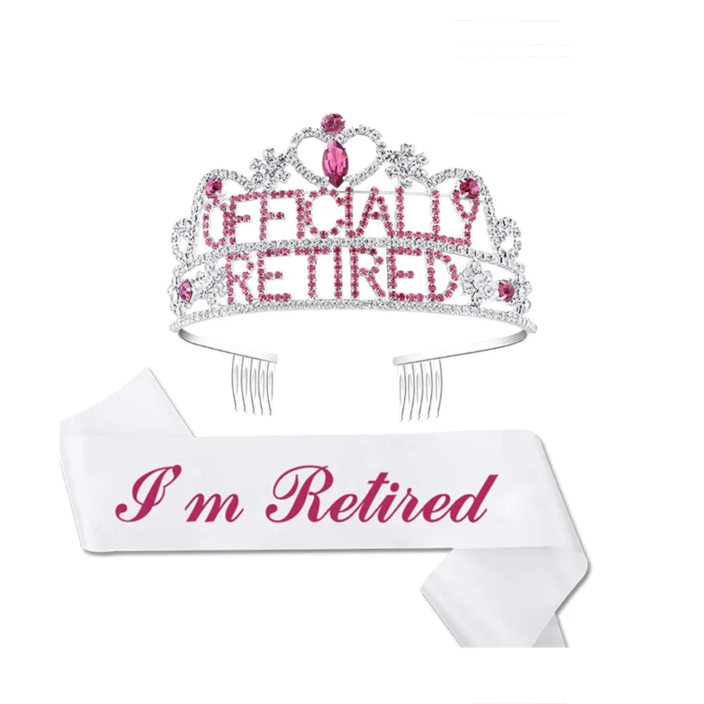 PAFU Officially Retired Banner Tiara Crown I'm Retired Sash Set for Woman