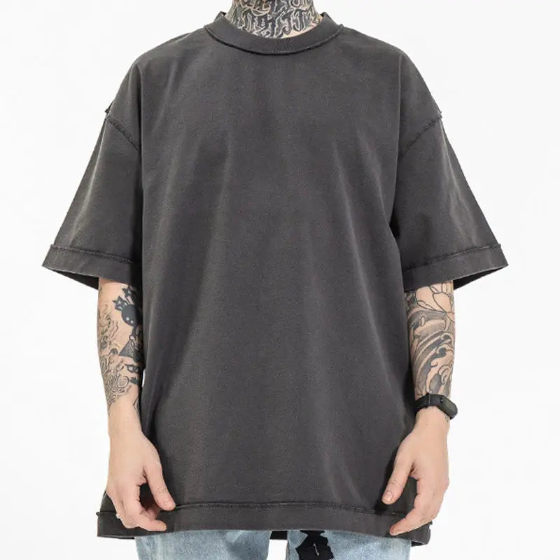Custom Cut and Sew T Shirt 100% Cotton Graphic Printing Heavyweight Bleach Acid Washed Vintage Plus Size Men Oversize Tshirt
