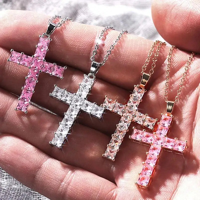 CAOSHI Luxury Jewelry Trendy 18K Gold Plated Setting Square Cubic Zircon Crystal Chain Cross Necklace for Women