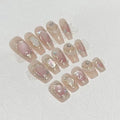 100% Handmade Metal Chain Pearl Shell Reusable Press-On Nails Coffin pink Nail Art Hand-Drawn Diamond Cat Eye ABS False Finger