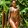 Hot Selling Women Long Sleeve One Piece Print Hollow Out Bikini Swimwear Beachwear