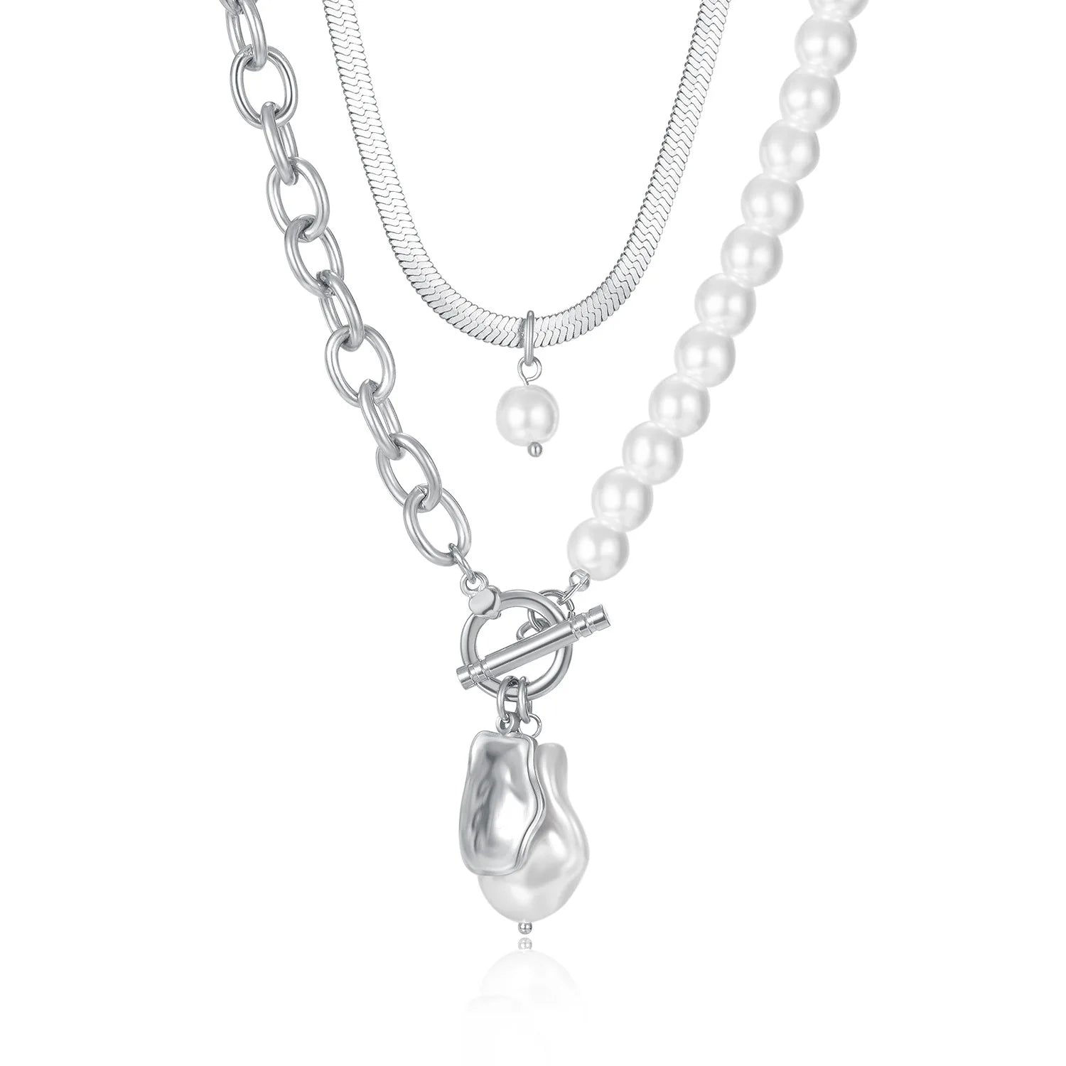 Vintage Stainless Steel Ot Buckle Multi Layer Snake Chain Pearl Necklace Women