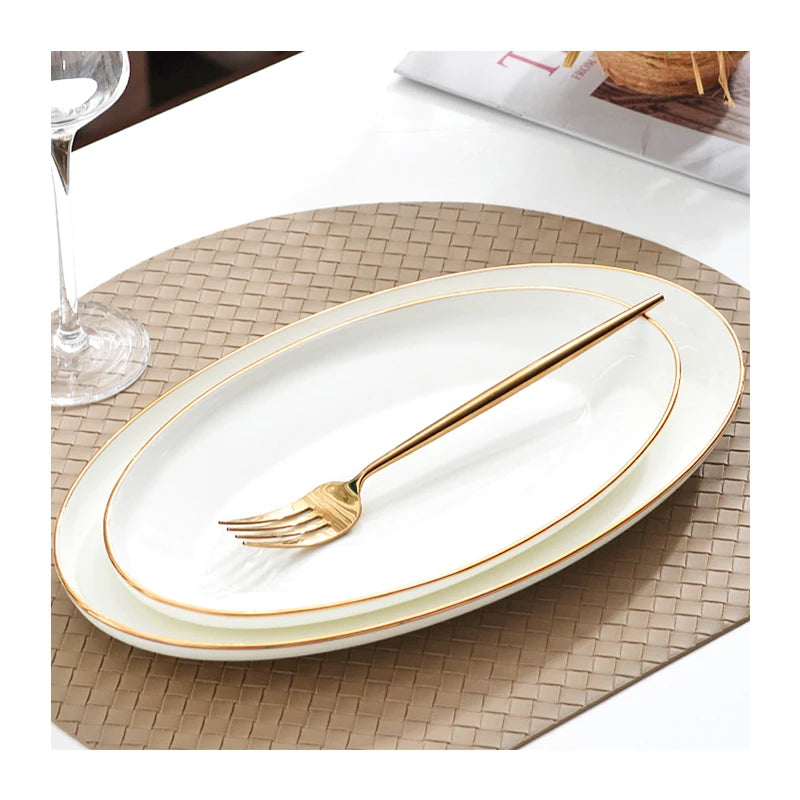 Factory Stock White Porcelain Ceramic Oval Plate With Gold Rim Luxury Fish Plates Fine Bone China Dinner Plates Set