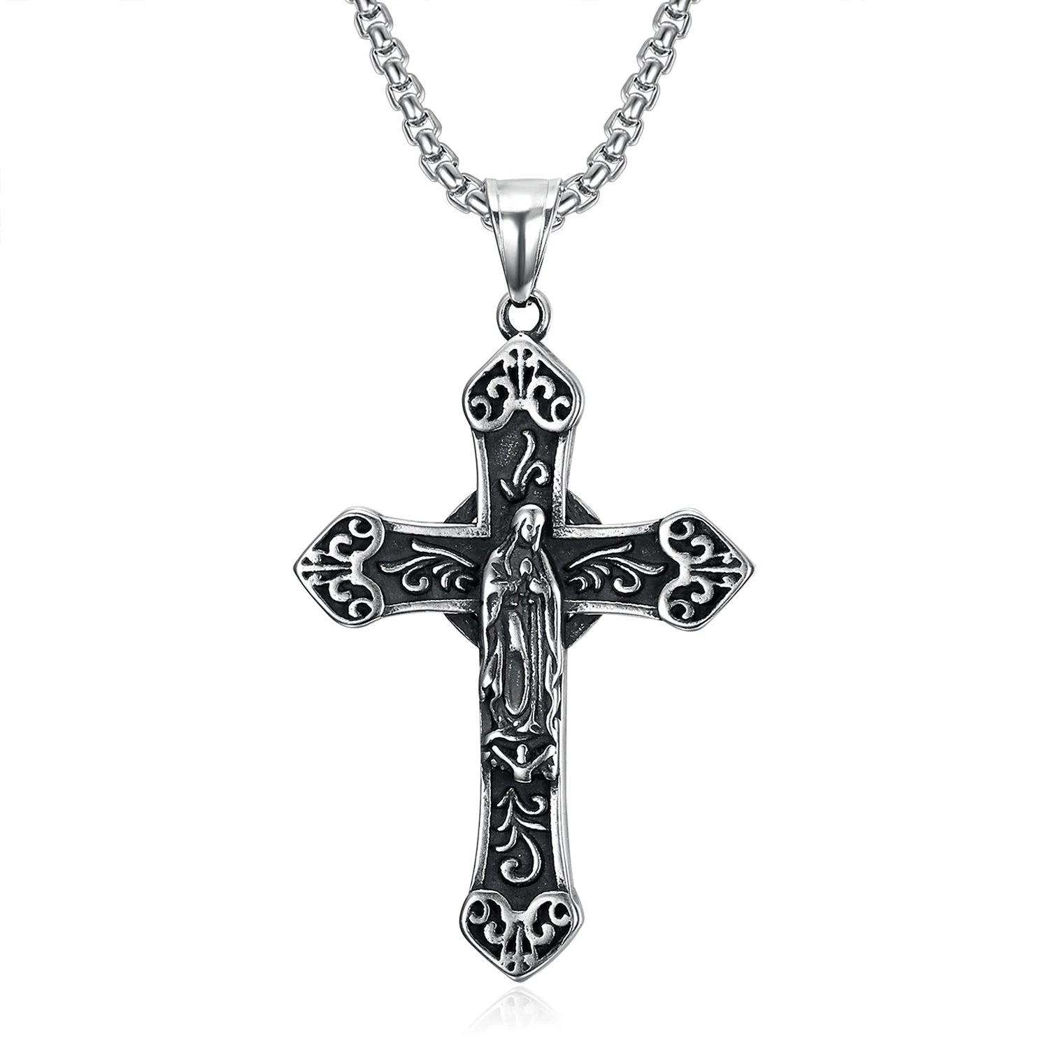 Retro Guadalupe Religion Mother of Jesus Virgin Mary Pendant Stainless Steel LOGO Engraved Cross Necklace