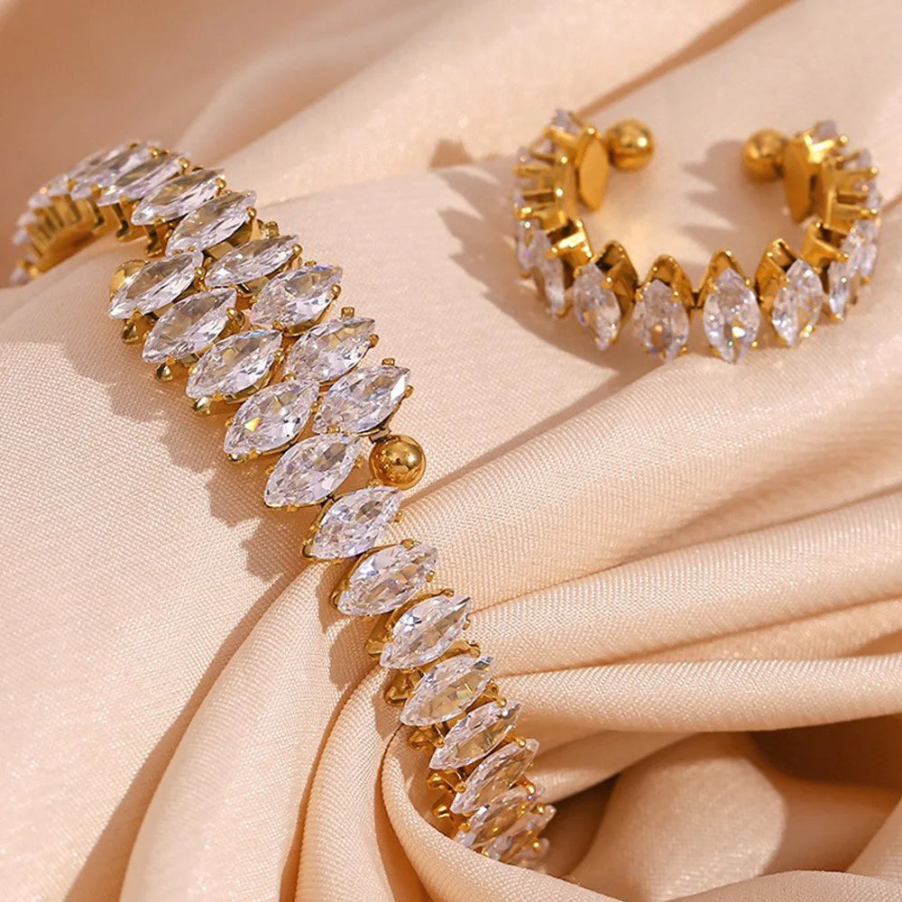 Waterproof Luxury Shiny 3A Zircon Exquisite Stainless Steel CZ Bling Open Ring Bracelet Adjustable Fashion Jewelry