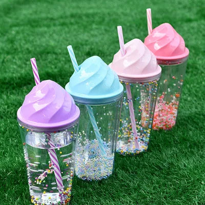 Reusable 16oz Double Wall Colored Acrylic Glitter Cup with Straw Plastic Bulk Cold Drinks Tumbler Cups with Lid and Straw