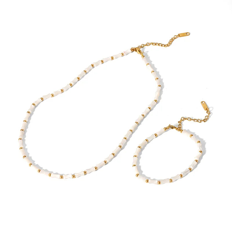 Vintage Natural Shell Bamboo Shaped Clavicle Chain 18k Gold Plated Stainless Steel Necklace Waterproof Jewelry for Women YF3511