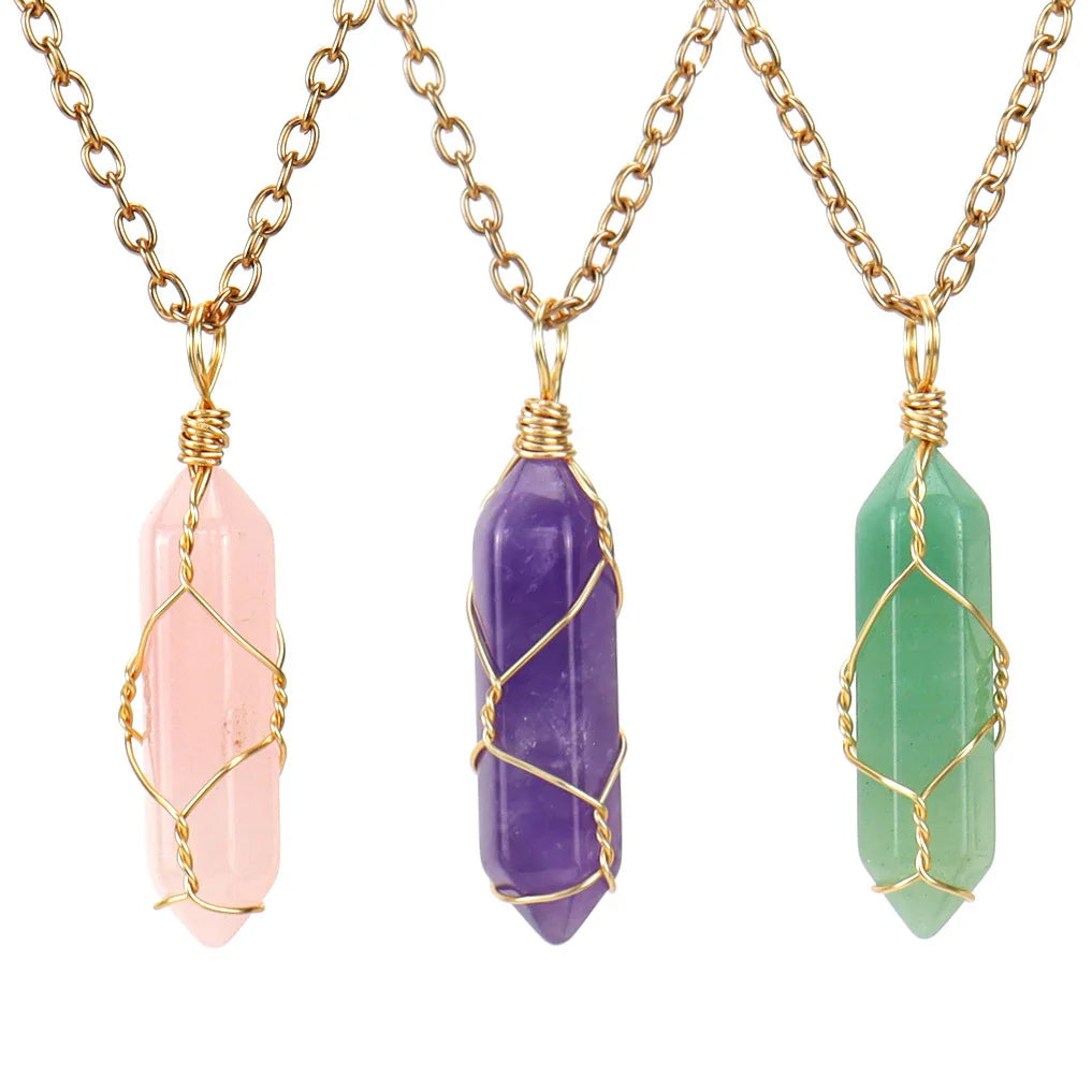 Factory Wholesale Hexagonal Column Crystal Winding Pendant Necklace Fashion Choker Natural Stone Bullet Necklace for Women