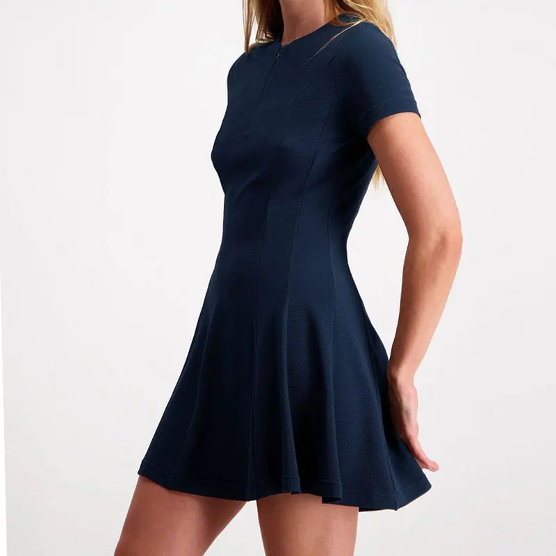 Outdoor Wear Summer One Piece Stretchy Quick Dry Short Sleeve Front Zip Women Sport Golf Tennis Flare Dress