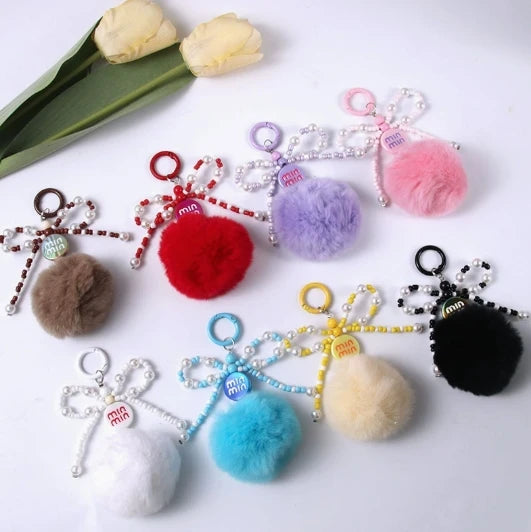 New Hand-made Bow Hairball Pendant Plush Keychain Headphone Accessories Mobile Phone Chain Bag Pendant