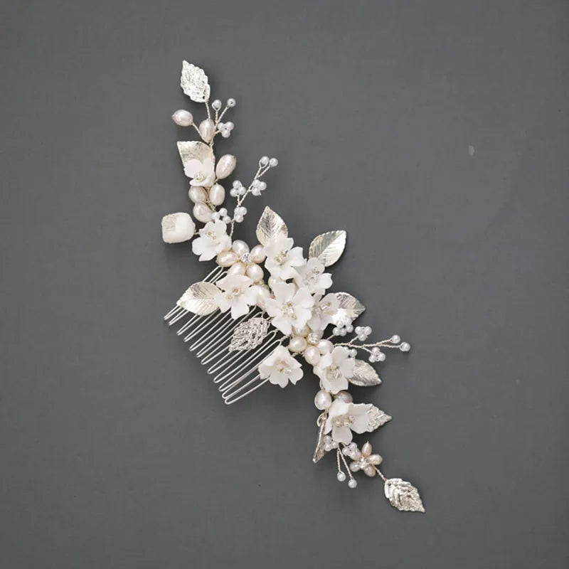 SLBRIDAL Handmade Freshwater Pearls Ceram Flower Bridal Hair Comb Wedding Headdress Hair Accessory Bridesmaids Women Jewelry MegaBDM