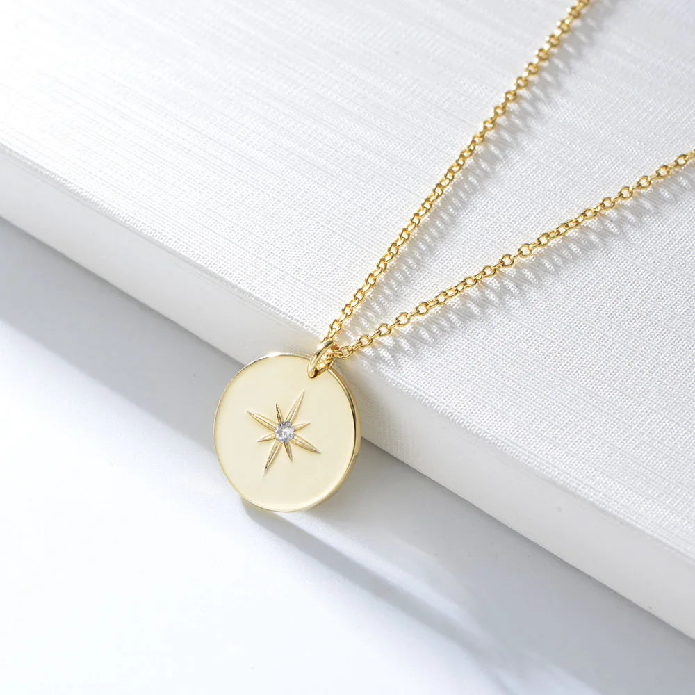 Hot Sale INS 925 Silver Jewelry Psj Round Medal Eight-pointed Star Pendant 14K Gold Plated Choker Link Chain Necklaces