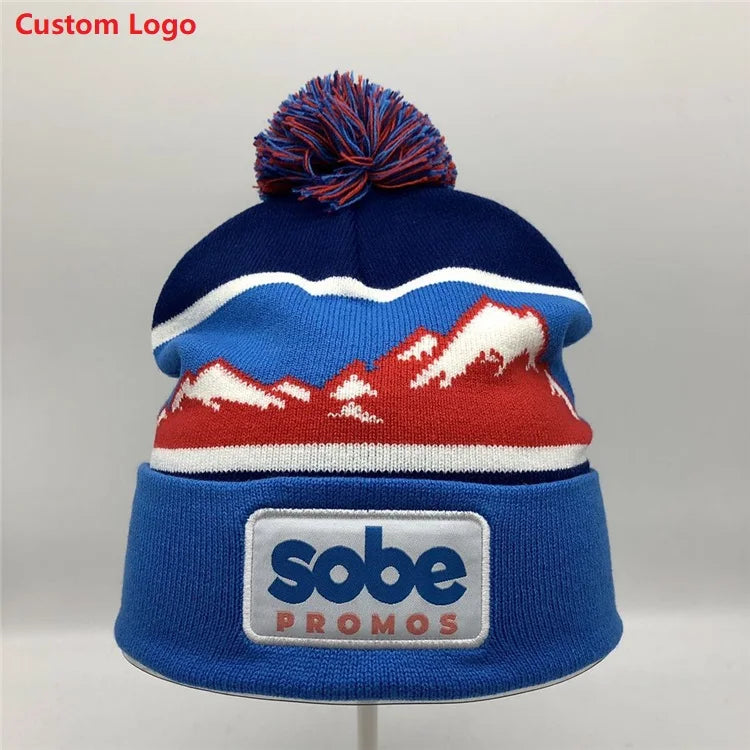 Fashion Jacquard Pom Pom Beanie Custom Woven Patch Embroidery Warm Hat Acrylic Winter Toque Custom Winter Knitted Hats Unisex