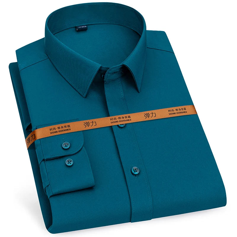 Men's Long Sleeve Solid Stretch Easy Care Shirt Formal Business Office/working Wear Standard-fit Solid Social Dress Shirts