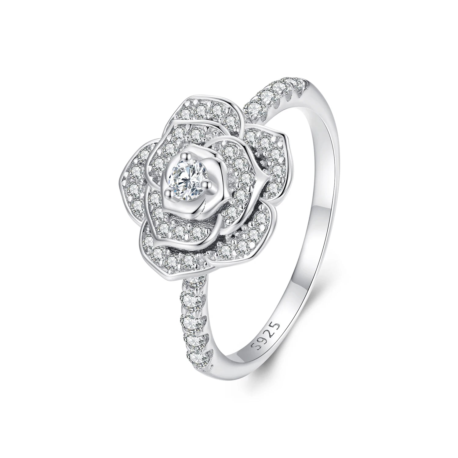 Wholesale 925 Sterling Silver Luxury Flower Ring Delicate Clear Rose Ring Pave Setting CZ for Women Fine Jewelry Gift BSR449