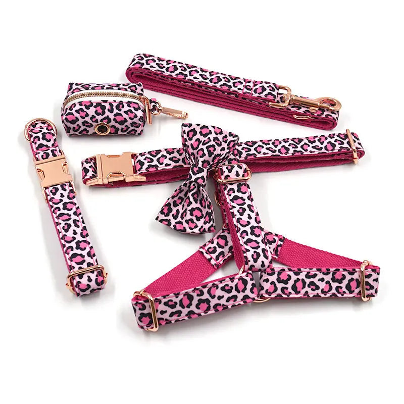 Luxury Soft Leopard  Solid Plain Engrave logo Buckle Nylon Dog Harness Large Leash and Collar Set